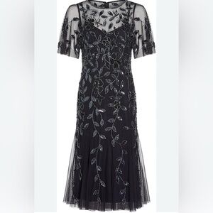 NWT Adrianna Papell Navy Embellished Mesh Midi Dress with Silver Beading